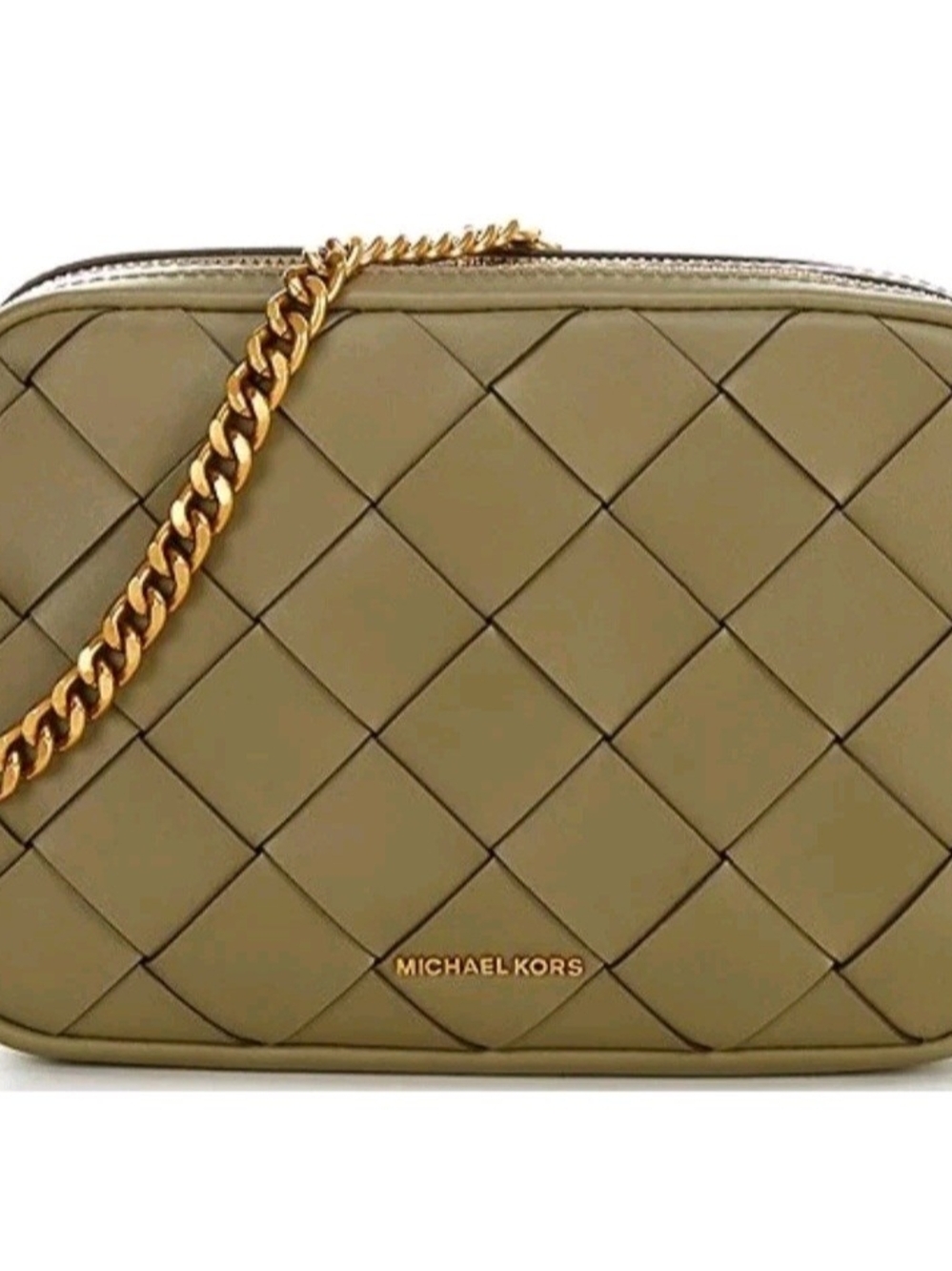 Michael Kors Olive Green Woven Leather Crossbody with Gold Chain & Mini Wallet